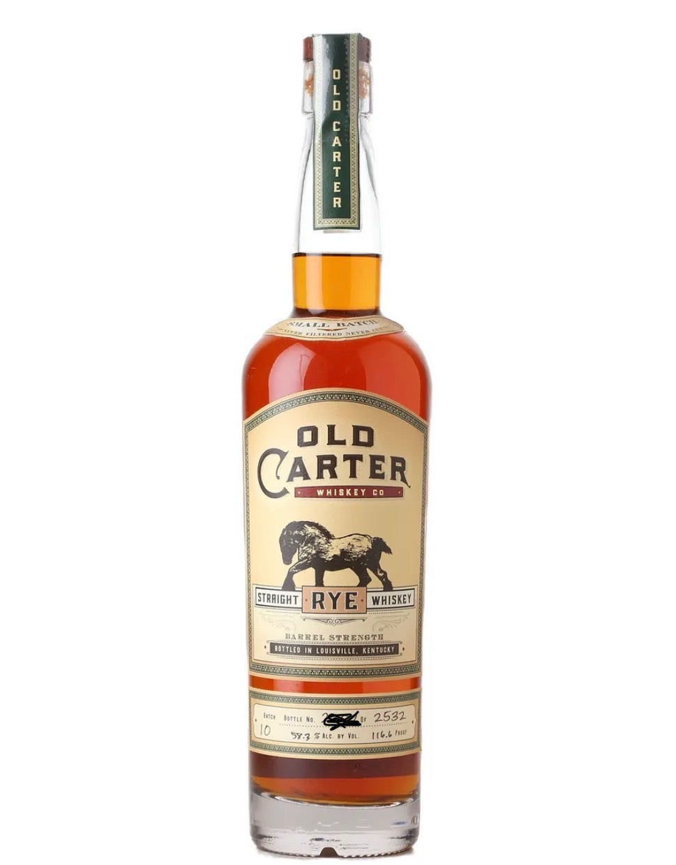Product photograph of an Old Carter Straight Rye Whiskey bottle bottled in Louisville Kentucky showcasing its rich amber liquid a cream-colored label with a black horse silhouette and a distinctive green and gold foil neck wrap