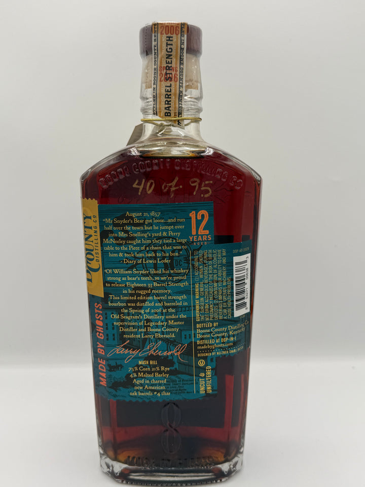 Boone County Distilling Co. 12-Year Barrel Strength Bourbon whiskey bottle from Kentucky, embossed with "40 of 95" and a 2006 vintage on its neck wrap, featuring a distinctive teal and yellow "Made by Ghosts" label that references Seagram's Distillery