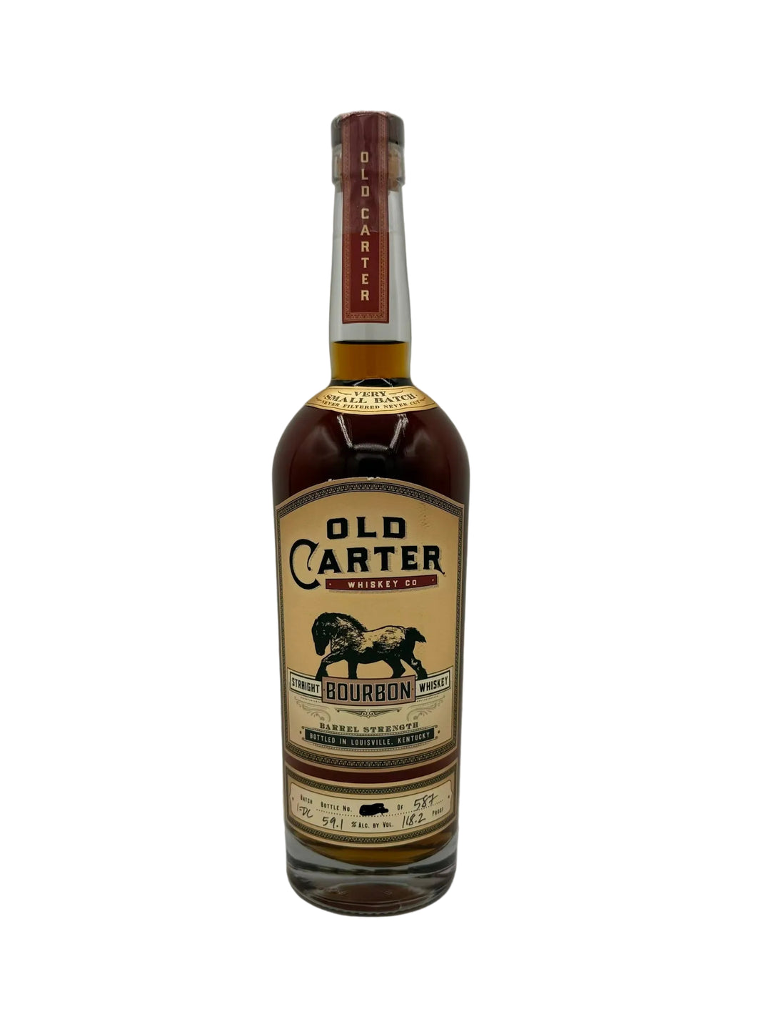 Product photo of a tall clear glass bottle of Old Carter Whiskey Co Straight Bourbon, bottled in Louisville Kentucky, featuring a distinctive tan label with a black horse illustration, a red 'OLD CARTER' neck wrap, and details like 'Small Batch' and '118.2 Proof' clearly displayed