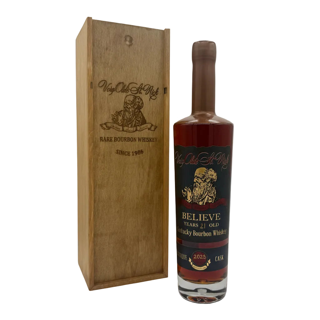 Bottle of Very Old St. Nick whiskey with wooden box on a white background