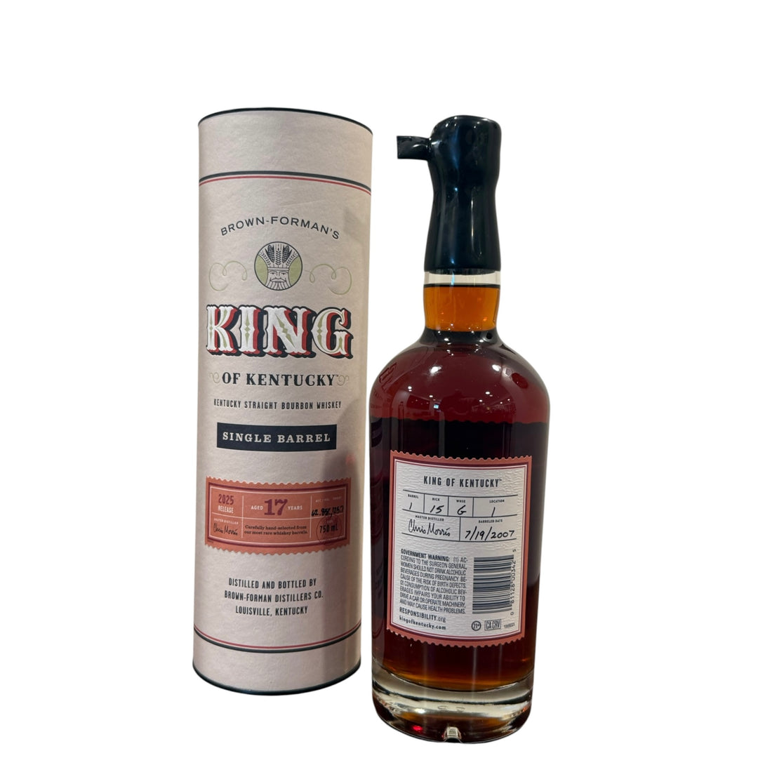 Bottle of King of Kentucky bourbon whiskey with packaging on a white background