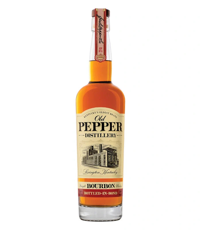 Photograph of a bottle of Old Pepper Distillery Straight Bourbon Whiskey from Lexington, Kentucky, featuring an illustration of the historic distillery building, with its amber liquid, cream-colored main label, and red Bottled-in-Bond banner