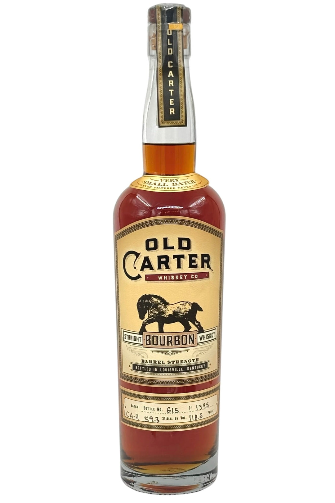 Product photography of an Old Carter Whiskey Co. Straight Bourbon Whiskey bottle, bottled in Louisville Kentucky, showcasing its gold label with a black horse illustration, 'Barrel Strength' designation, and amber liquid with Batch No 615 59.3% Alc by Vol