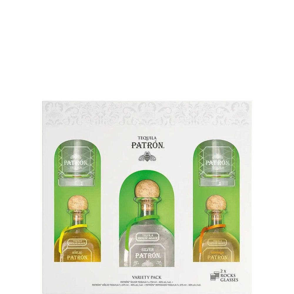 Patron Tequila Variety Pack w/ Rocks Glasses Gift Set – Wooden Cork