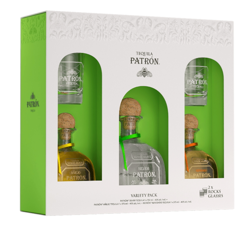 Patron Tequila Variety Pack w/ Rocks Glasses Gift Set