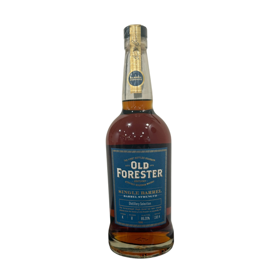 Product photo of an Old Forester Single Barrel Barrel Strength Kentucky Straight Bourbon Whiskey bottle from Louisville KY, showcasing its dark amber liquid, distinctive blue and gold label, and gold foil neck wrap with a Barrel Strength medallion