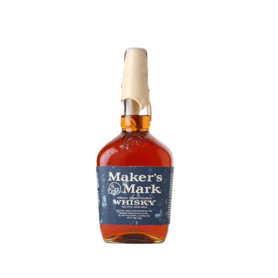 A Maker's Mark Kentucky Straight Bourbon Whisky bottle distilled in Loretto Kentucky, featuring its iconic hand-dipped beige wax seal, a dark blue label, and bright amber liquid
