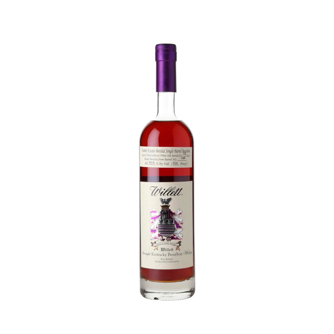 Willett Family Estate Bottled Single Barrel Bourbon in a clear glass bottle with a vibrant purple foil cap, showcasing rich amber liquid and a distinctive white label featuring the family crest with a black bird and purple accents, specifying 134 Proof handcrafted in Kentucky