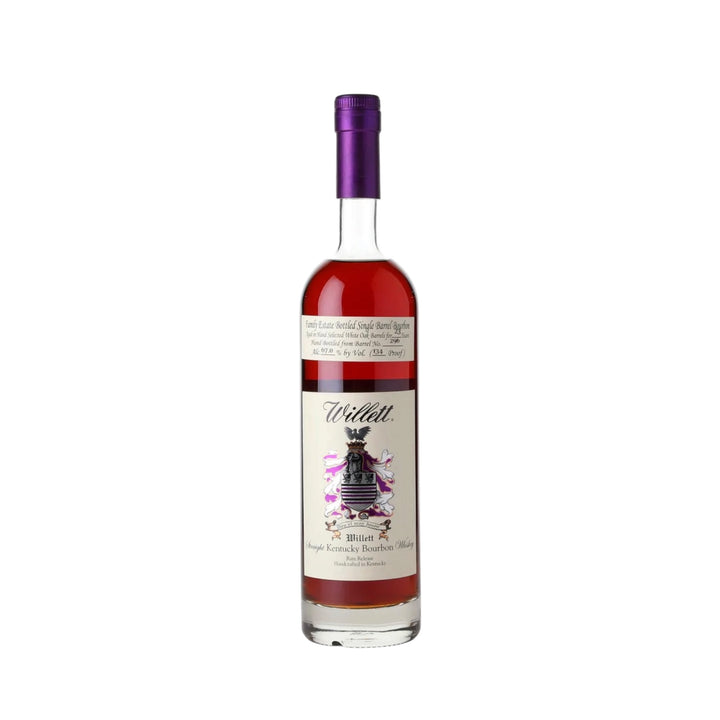 Willett Family Estate Bottled Single Barrel Bourbon in a clear glass bottle with a vibrant purple foil cap, showcasing rich amber liquid and a distinctive white label featuring the family crest with a black bird and purple accents, specifying 134 Proof handcrafted in Kentucky