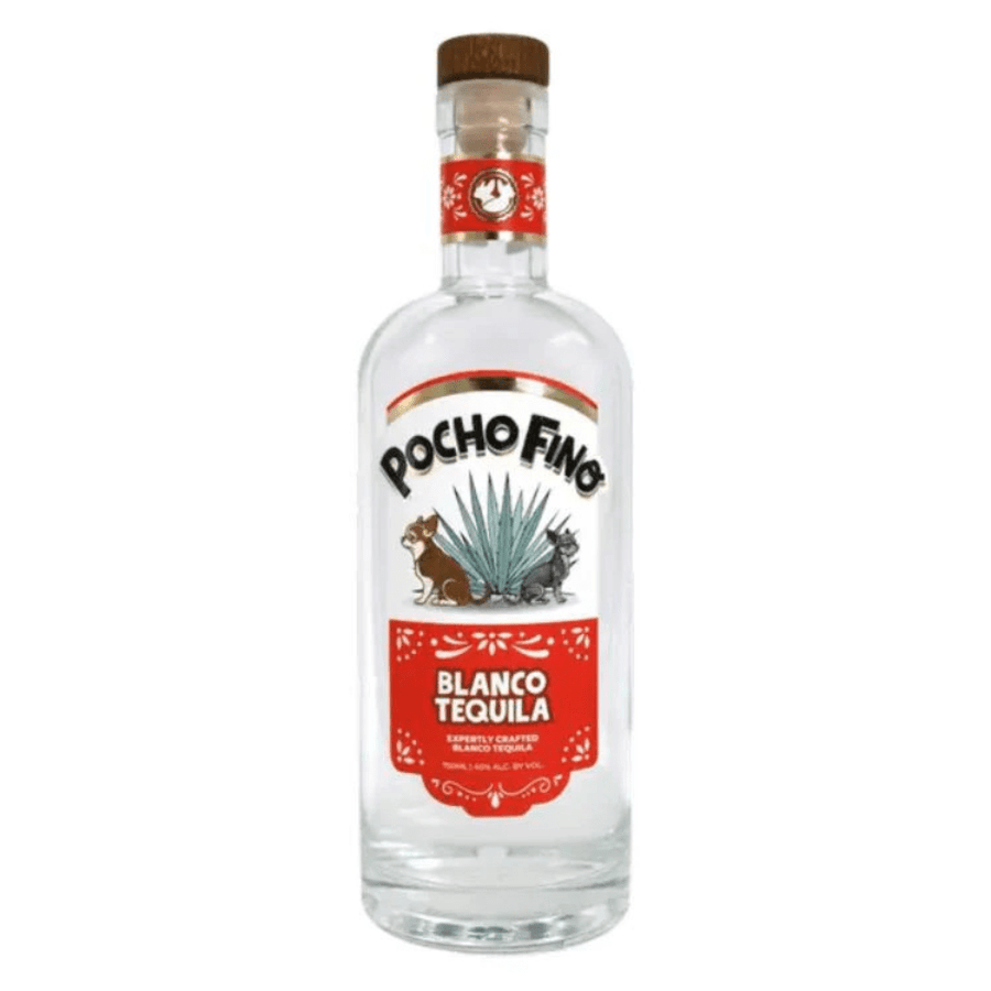 Product photograph of a Pocho Fino Blanco Tequila bottle featuring a vibrant red and white label with two chihuahuas flanking an agave plant topped with a natural brown cork stopper
