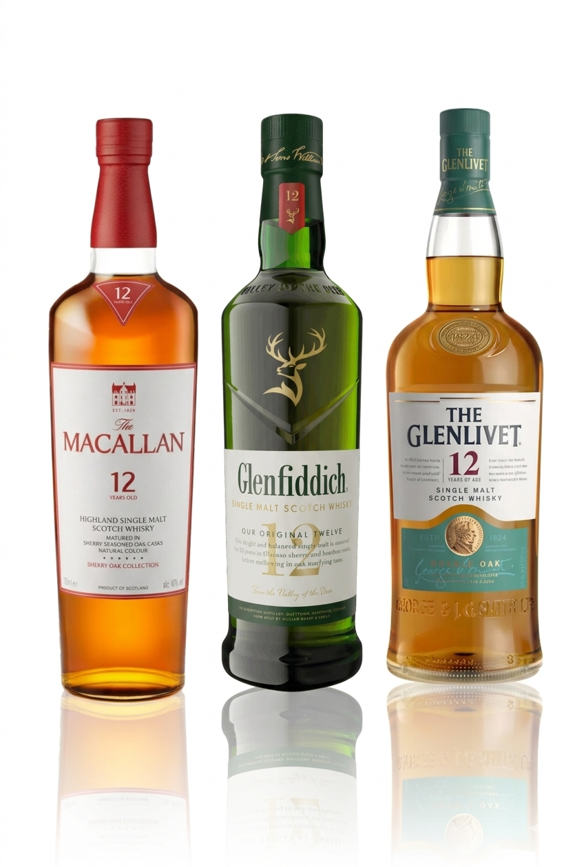 Photography of three 12-year-old single malt Scotch whisky bottles, including The Macallan 12 with a red cap, Glenfiddich 12 in a green bottle featuring a golden stag, and The Glenlivet 12 with a prominent green label and gold medallion, arranged on a reflective white surface