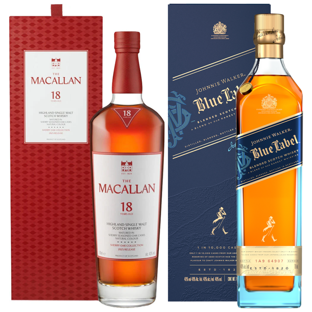 The Macallan 18 Year Old Sherry Oak & Johnnie Walker Blue Label Scotch Executive Gift Bundle