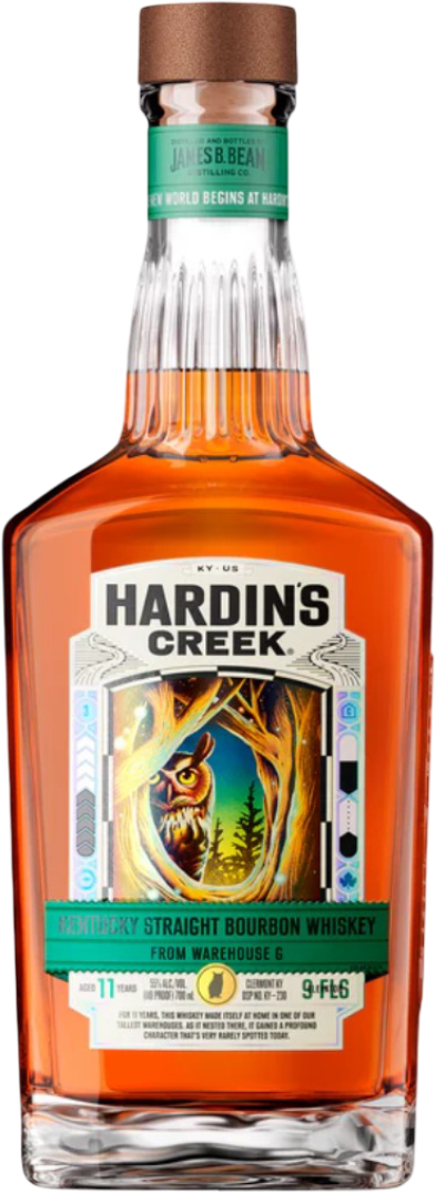 Hardin's Creek, James B. Beam Distilling Co. 11-year-old Kentucky Straight Bourbon Whiskey bottle from Clermont KY featuring a teal-green label with an owl illustration in a golden and blue forest, showcasing its rich amber liquid and copper cap