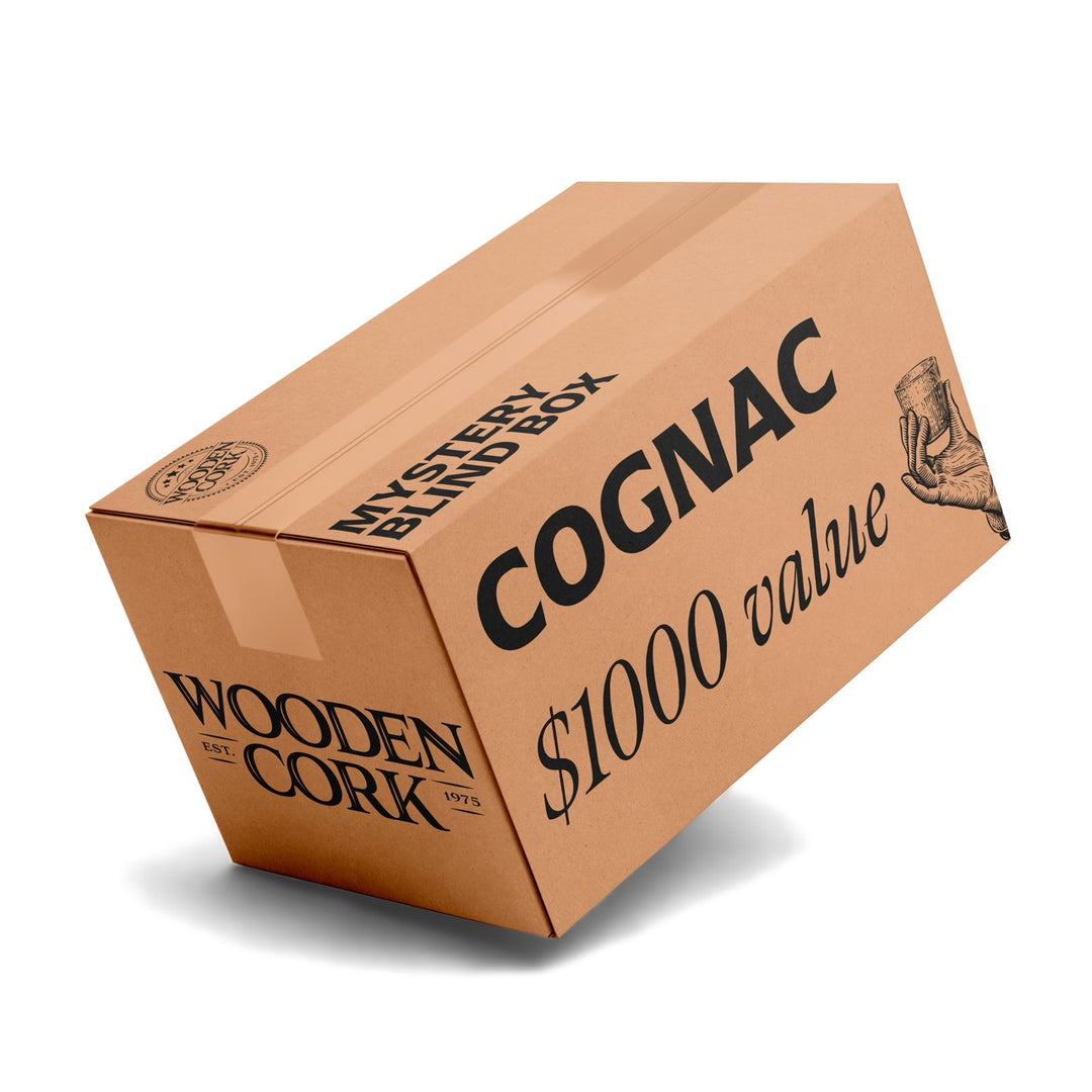 Cardboard box labeled 'Mystery Blended Box' with 'Cognac' and 'Wooden Cork' text on a white background.