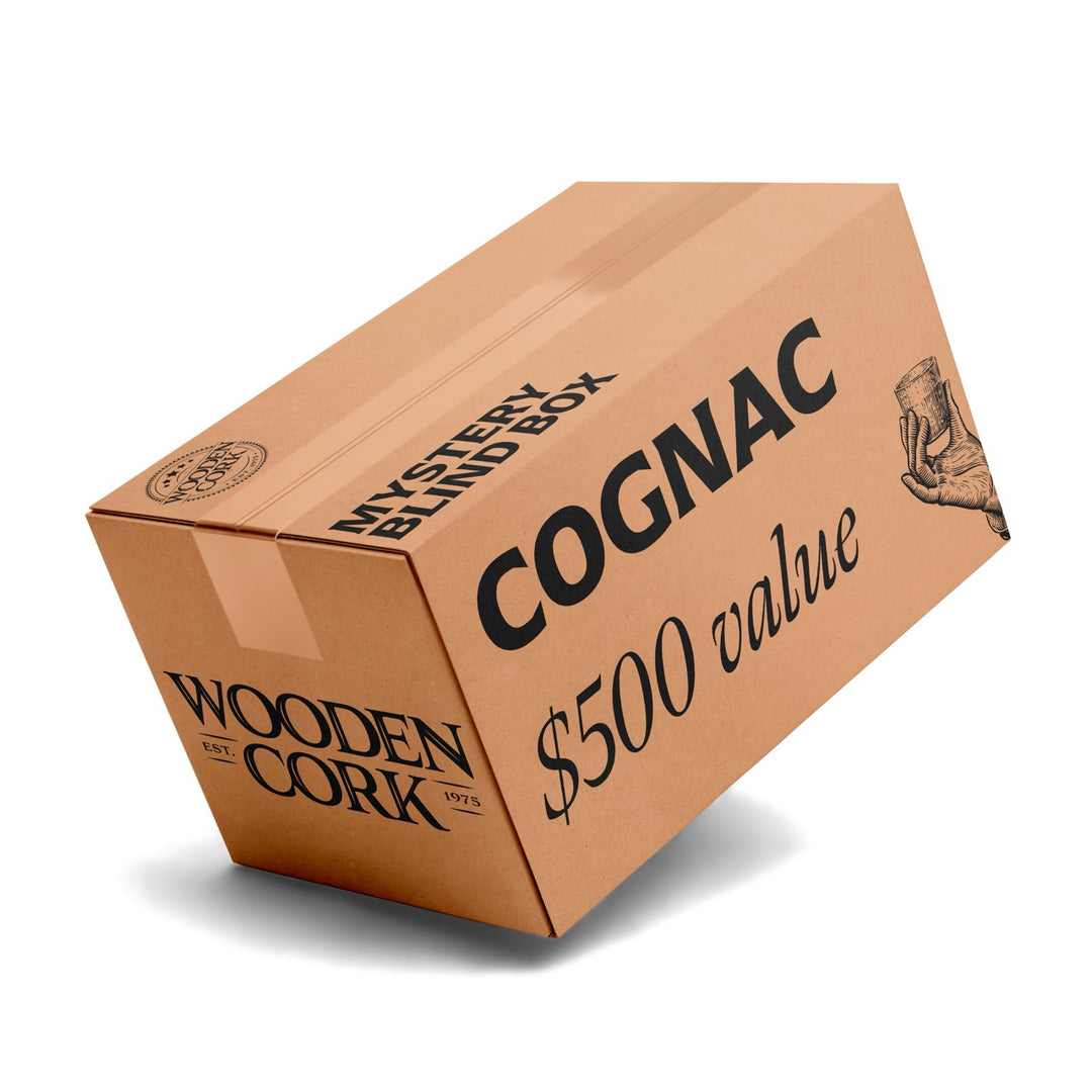 Cardboard box labeled 'Mystery Blending Box' for tequila with 'Wooden Cork' branding.