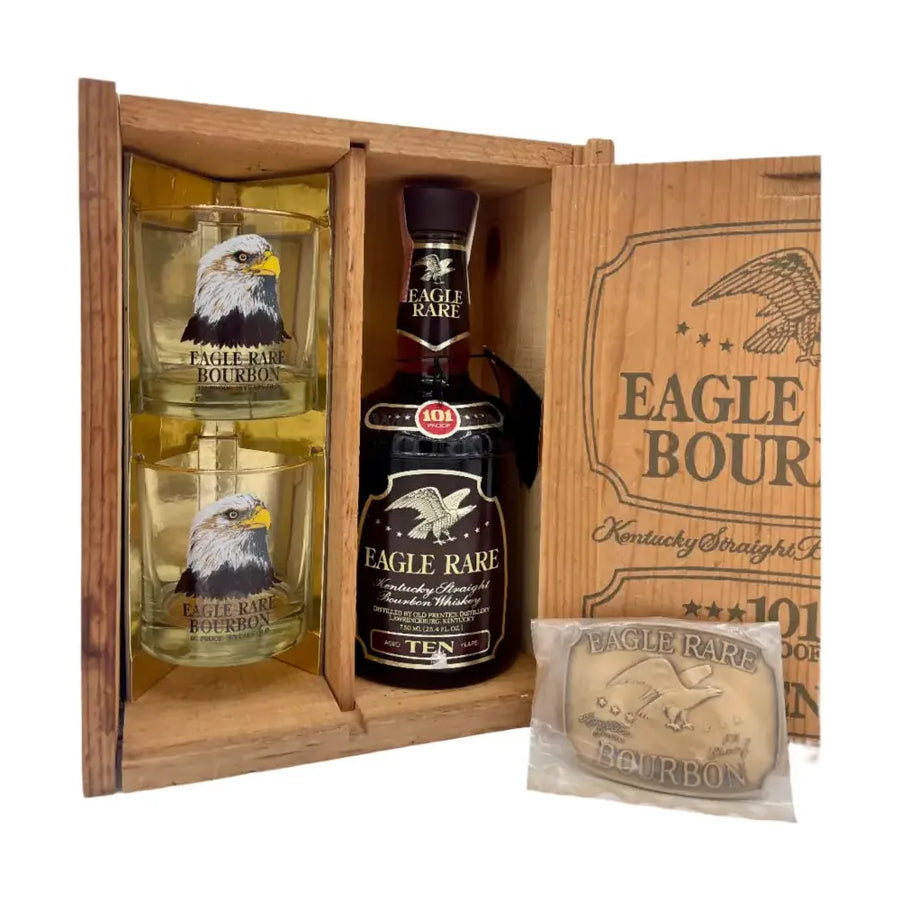 Eagle Rare 101 Proof 10 Year Kentucky Straight Bourbon (1980 Release) Lawrenceberg w/ Glasses & Buckle Whiskey