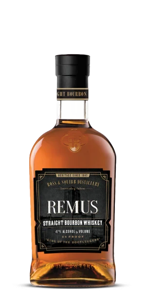 Product photography of a Remus Straight Bourbon Whiskey bottle from Ross & Squibb Distillery Lawrenceburg Indiana featuring dark amber liquid a black and gold label with a historic building illustration and the tagline King of the Bootleggers