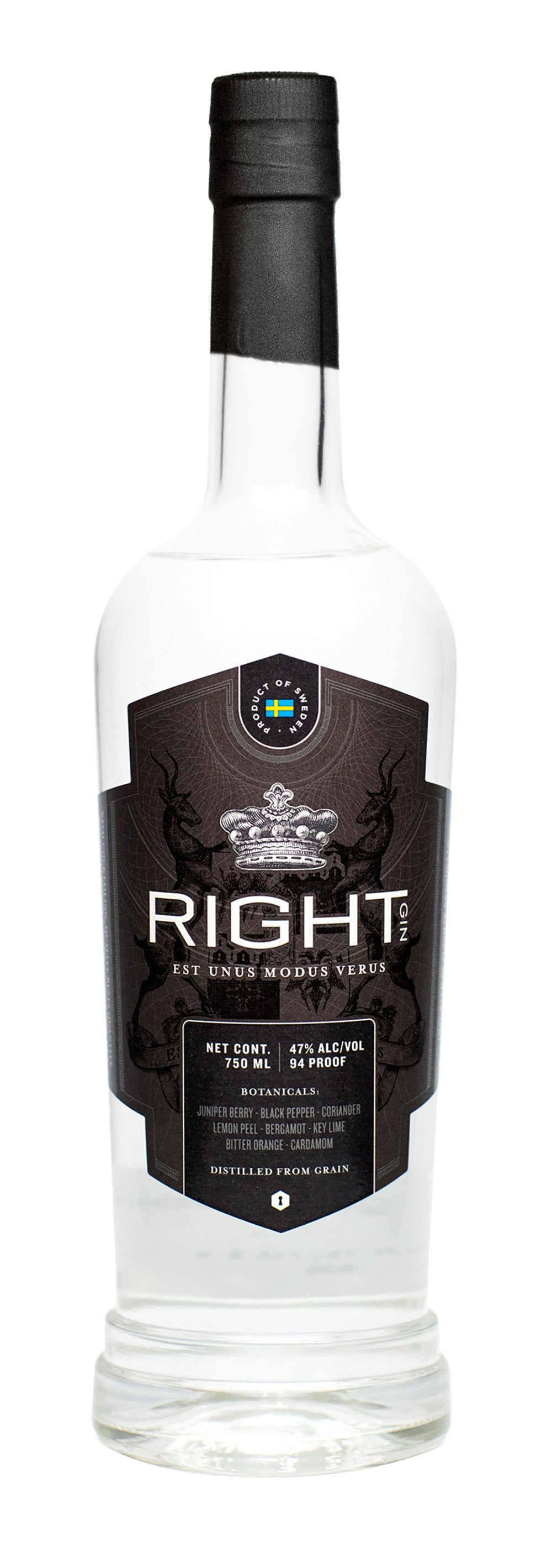 Right Gin bottle from Sweden with a black label featuring an ornate silver crown, two antlered stags, a small Swedish flag, and listed botanicals including juniper berry and lemon peel