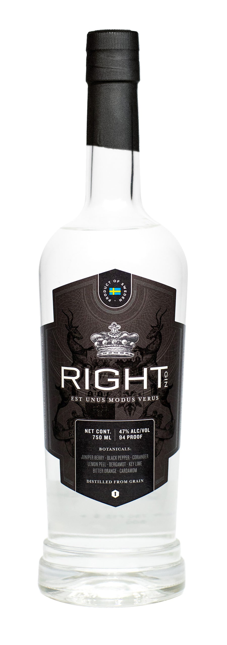 Right Gin bottle from Sweden with a black label featuring an ornate silver crown, two antlered stags, a small Swedish flag, and listed botanicals including juniper berry and lemon peel