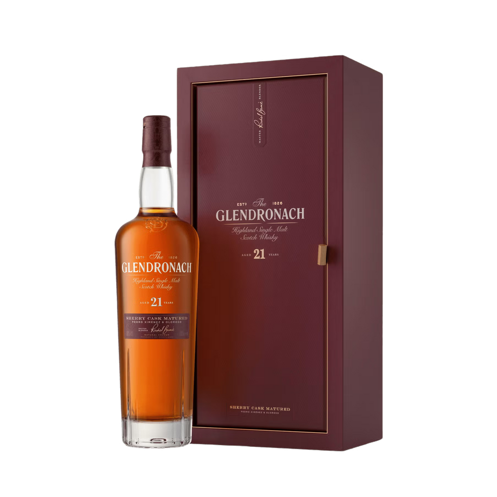 GlenDronach 21-year-old whisky bottle with packaging on a white background