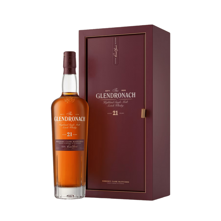 GlenDronach 21-year-old whisky bottle with packaging on a white background