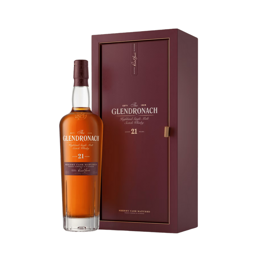 GlenDronach 21-year-old whisky bottle with packaging on a white background