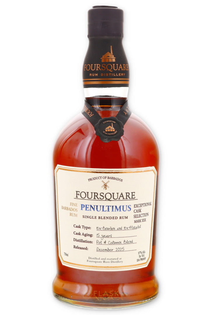 A Foursquare Penultimus Single Blended Rum bottle from Barbados showcasing its rich amber liquid, a black neck label with the Foursquare Rum Distillery building logo, and a cream main label specifying 12 years aging in Ex-bourbon and Ex-Madeira casks with a Barbados windmill icon