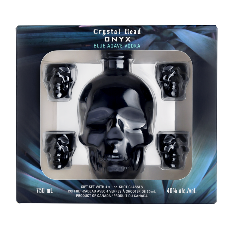 Crystal Head Onyx Vodka with 4 shot glasses gift set 750mL