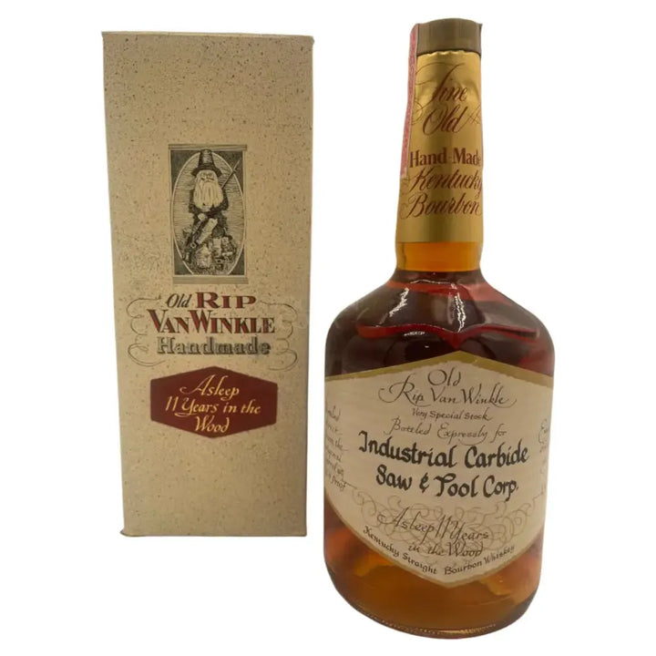 Old Rip Van Winkle bourbon bottle and box on a white background
