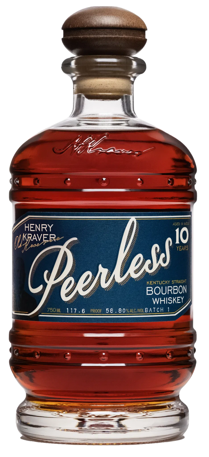 Photograph of a Peerless 10 Year Kentucky Straight Bourbon Whiskey bottle, showcasing its rich amber liquid, dark blue label with elegant gold and white script, and unique bottle design featuring a dark wooden cork and embossed signature on the glass