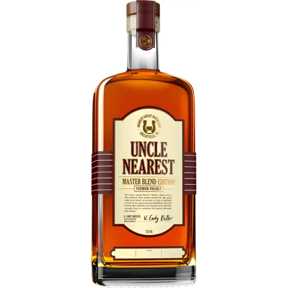 Bottle of Uncle Nearest Master Blend Edition whiskey on a white background