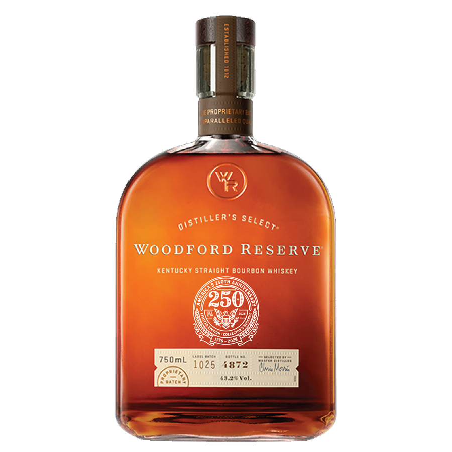 Product photography of a Woodford Reserve Distiller's Select Kentucky Straight Bourbon Whiskey in an amber bottle, prominently displaying an "Established 1812" neck label and an "America's 250th Anniversary 1776-2026" eagle seal