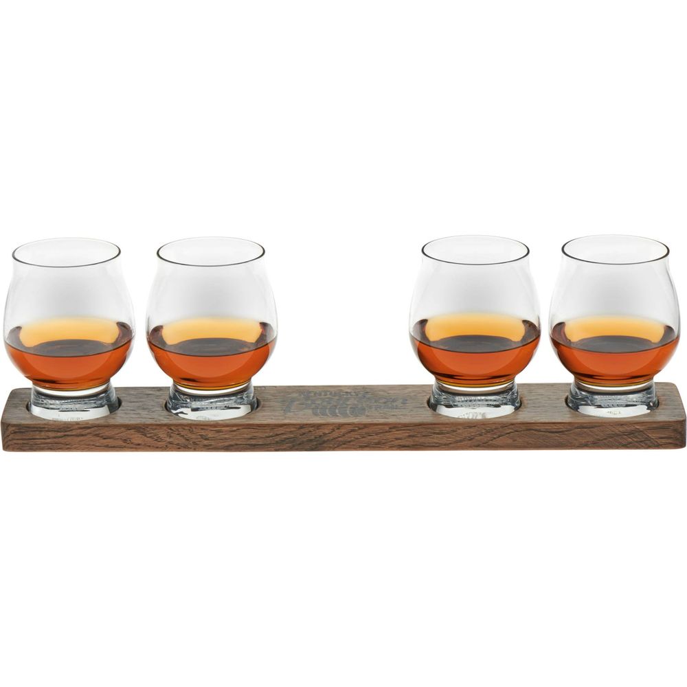 Libbey Signature Kentucky Bourbon Trail Whiskey Tasting Set, 4 Whiskey Glasses with Wood Paddle