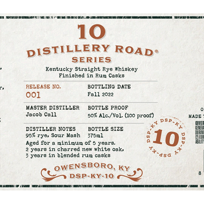 10 Distillery Road Series Kentucky Straight Rye Finished in Rum Casks - Available at Wooden Cork