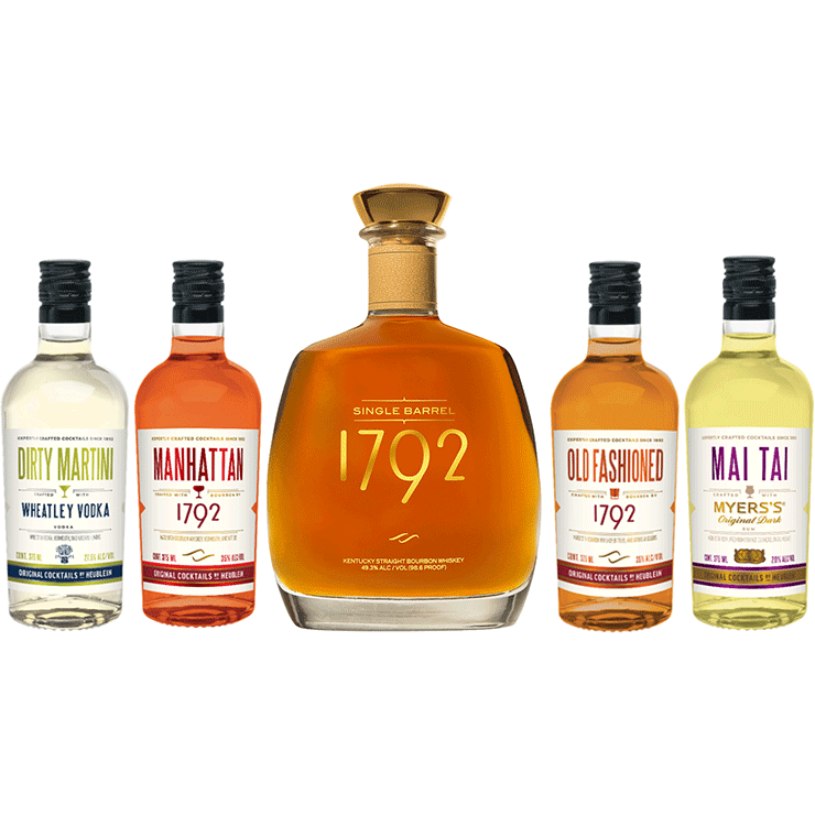 1792 “Math Proof” Single Barrel Bourbon Wooden Cork Pick with 4x Heublein Cocktails 375ML Bundle