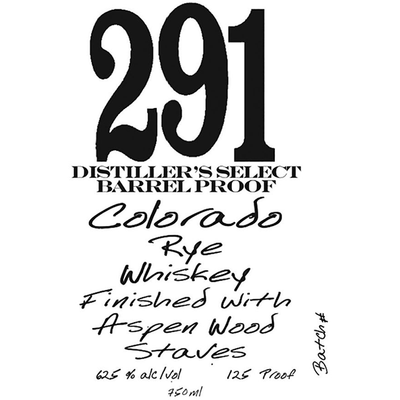 Distillery 291 Distiller’s Select Barrel Proof Colorado Rye Finished with Aspen Wood Staves - Available at Wooden Cork