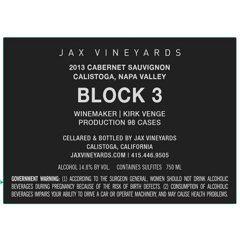 Jax Vineyards Block 3 Calistoga Cabernet Sauvignon 750ml - Available at Wooden Cork
