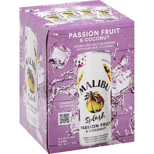Malibu Splash Passion Fruit & Coconut 4pk Cans - Available at Wooden Cork