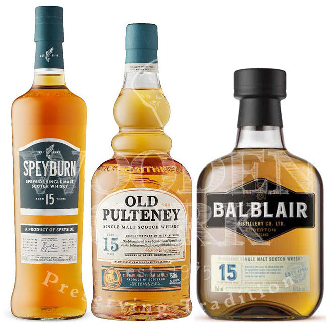 Speyburn 15, Old Pulteney 15 Year and Balblair 15 Year Bundle - Available at Wooden Cork