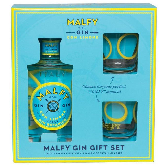 Malfy Italian Gin Con Limone with Glasses - Available at Wooden Cork