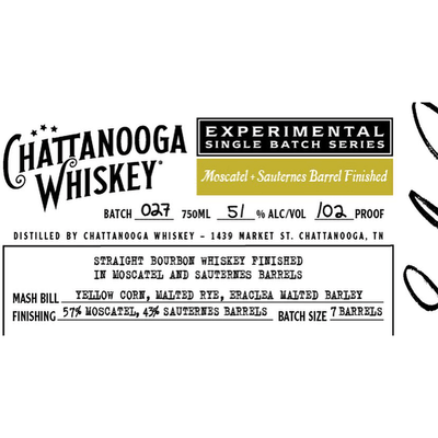 Chattanooga Whiskey Experimental Single Batch Series Moscatel + Sauternes Barrel Finished Straight Bourbon - Available at Wooden Cork