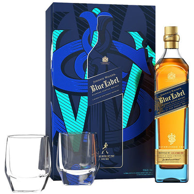 Johnnie Walker Blue Label Blended Scotch Whisky With Two Crystal Glasses - Available at Wooden Cork
