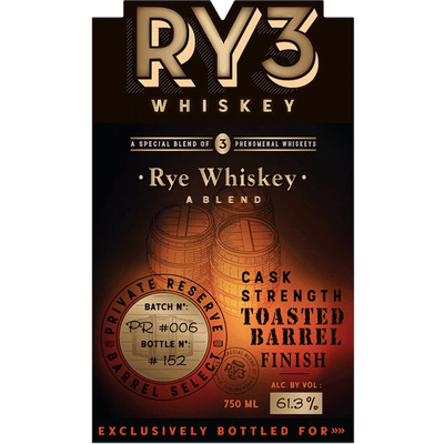 RY3 Whiskey Rye Cask Strength Toasted Barrel Finish Private Reserve - Available at Wooden Cork