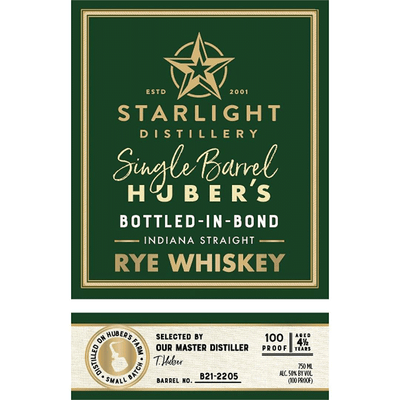 Starlight 4.5 year Single Barrel Bottled in Bond Indiana Straight Rye - Available at Wooden Cork