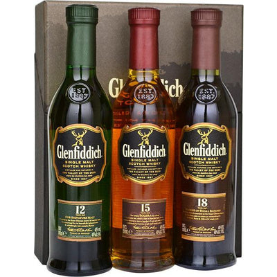 Glenfiddich 12 Year Old, 15 Year Old, 18 Year Old Single Malt Scotch Whisky Combo Pack - Available at Wooden Cork
